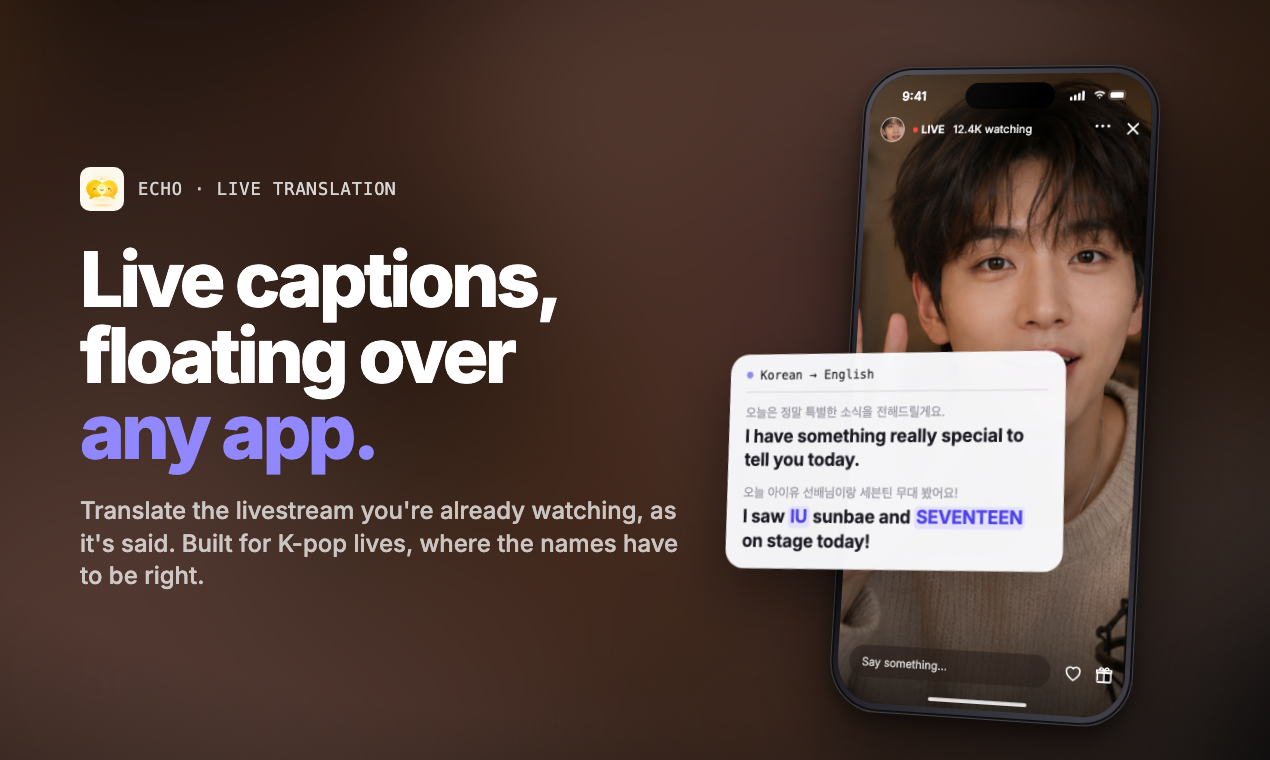Echo floating Korean-to-English captions over a livestream