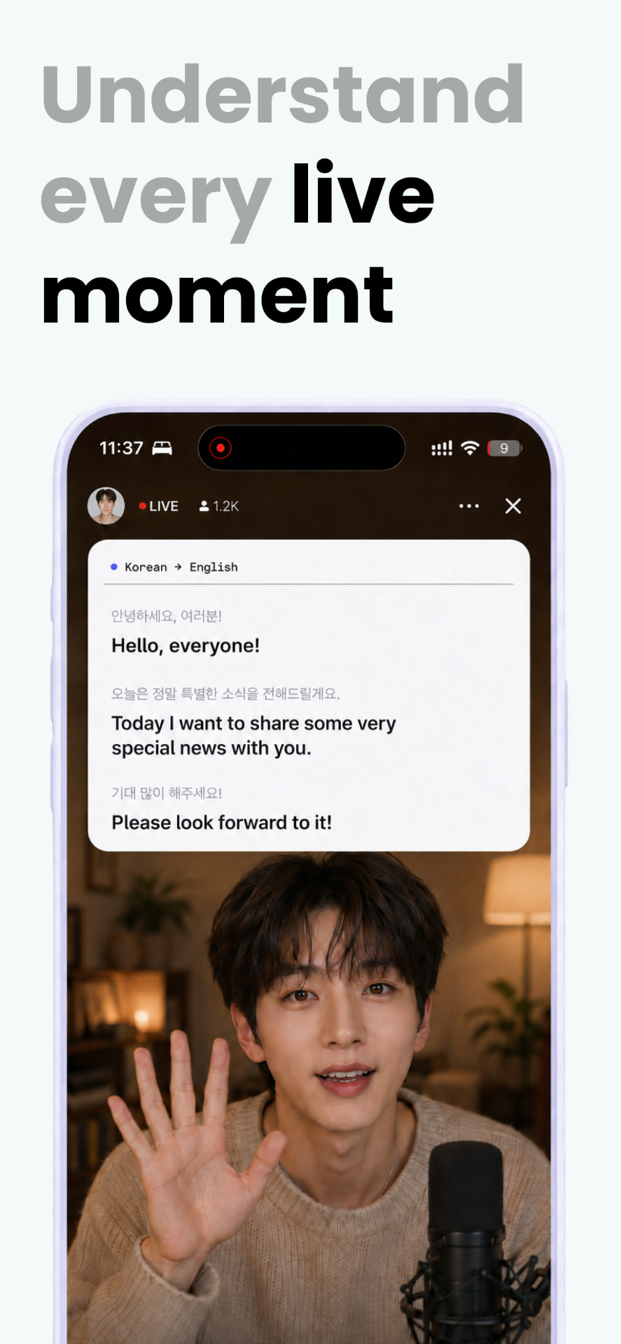 Echo showing Korean to English live captions over a K-pop livestream