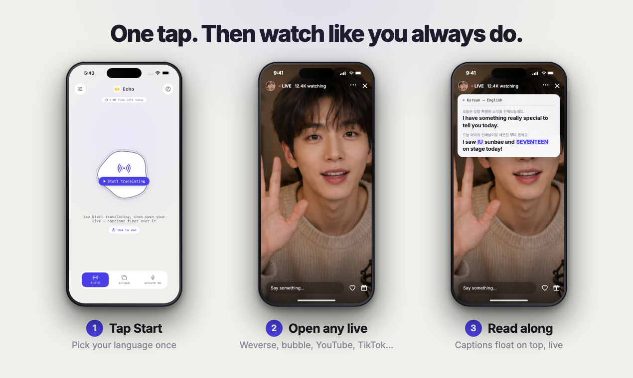 Start Echo, open a livestream and read floating captions